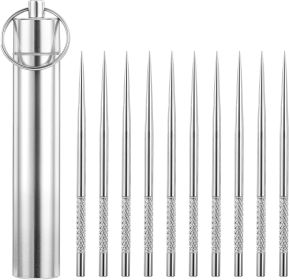 Metal Toothpicks, Portable Metal Toothpick Holder with 10 Pcs Reusable Stainless Steel Toothpicks