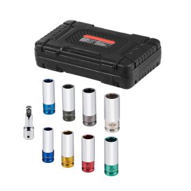 Lug Nut Impact Socket Set, 1/2 inch Drive Metric and SAE 6-Point Deep Socket Set, 8 Total Lug Nut Sizes
